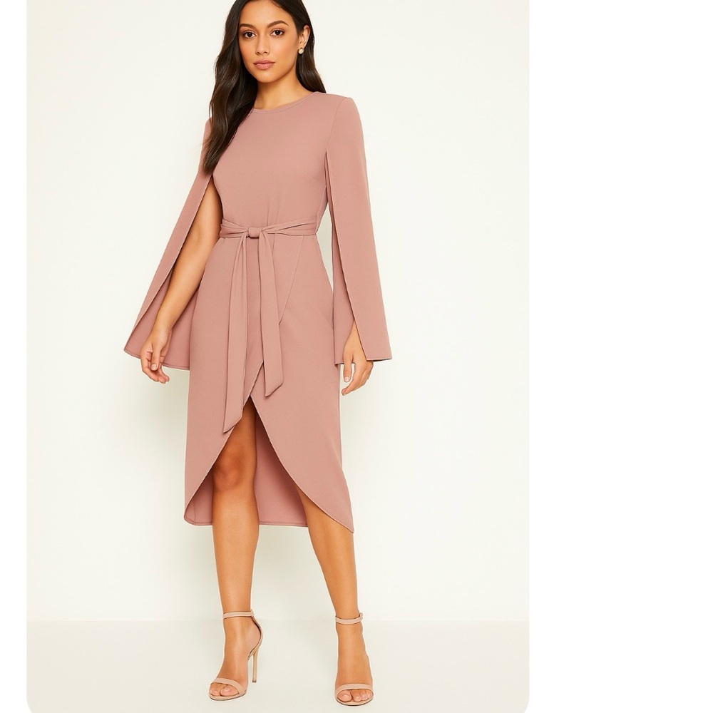 PrettyLittleThing Mauve Cape Sleeve Belted Wrap Dress Size 8